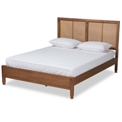 Baxton Studio Redmond Mid-Century Modern Walnut Brown Finished Wood and Synthetic Rattan Queen Size Platform Bed Baxton Studio restaurant furniture, hotel furniture, commercial furniture, wholesale bedroom furniture, wholesale queen, classic queen